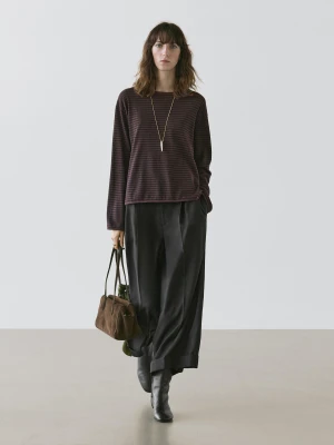 Dzianinowy Sweter W Paski Z Bawełną - Brązowy - - Massimo Dutti - Kobieta