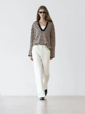 Dzianinowy Sweter W Paski Z Dekoltem W Serek - Granatowy - - Massimo Dutti - Kobieta