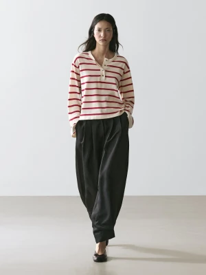 Dzianinowy Sweter W Paski Ze 100% Bawełny Z Dekoltem Na Guziki - Czerwony - - Massimo Dutti - Kobieta