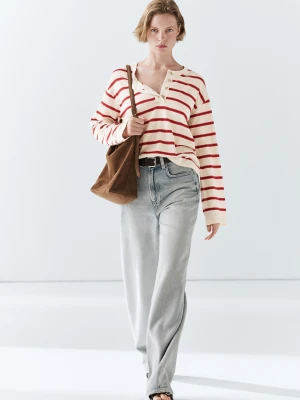 Dzianinowy Sweter W Paski Ze 100% Bawełny Z Dekoltem Na Guziki - Czerwony - - Massimo Dutti - Kobieta