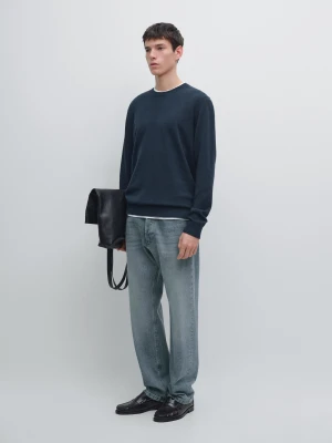 Dzianinowy Sweter Z Bawełny I Wełny Z Okrągłym Dekoltem - Ciemnoniebieski - - Massimo Dutti - Mężczyzna