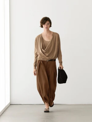 Dzianinowy Sweter Z Dekoltem Drapowanym Z Bawełny - Wielbłądzi - - Massimo Dutti - Kobieta