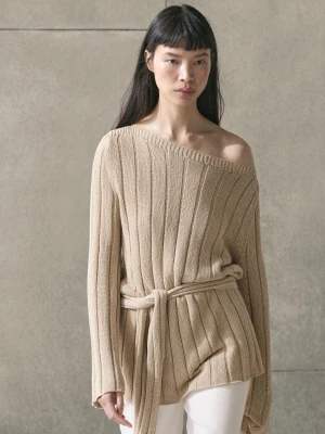 Dzianinowy Sweter Z Dekoltem Łódka Z Mieszanki Bawełny - Beżowy - - Massimo Dutti - Kobieta