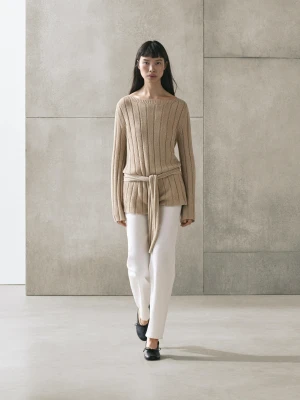 Dzianinowy Sweter Z Dekoltem Łódka Z Mieszanki Bawełny - Beżowy - - Massimo Dutti - Kobieta