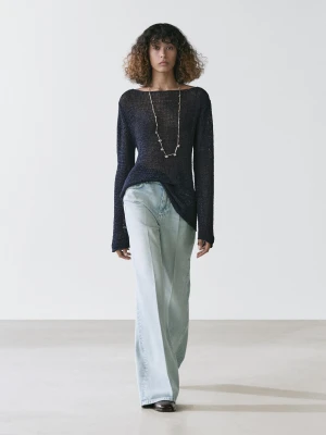 Dzianinowy Sweter Z Dekoltem Łódką Z Mieszanki Bawełny - Ciemnoniebieski - - Massimo Dutti - Kobieta