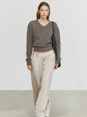 Dzianinowy Sweter Z Dekoltem W Serek, 100% Wełny - Szarobrązowy - Massimo Dutti - Female