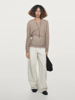 Dzianinowy Sweter Z Dekoltem W Serek I Łatami Na Łokciach - Norkowy - - Massimo Dutti - Kobieta