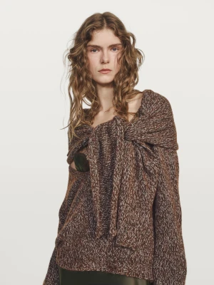 Dzianinowy Sweter Z Dekoltem W Serek I Szalikiem − Studio - Mahoń - - Massimo Dutti - Kobieta