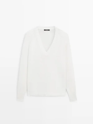 Dzianinowy Sweter Z Dekoltem W Serek Z Mieszanki Bawełny - Biały - - Massimo Dutti - Kobieta