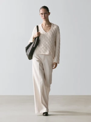 Dzianinowy Sweter Z Detalami W Postaci Węzłów Z Mieszanki Bawełny - Surowy - - Massimo Dutti - Kobieta