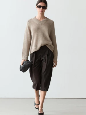 Dzianinowy Sweter Z Domieszką Bawełny Z Dekoltem W Serek - Norkowy - Massimo Dutti - Female