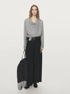 Dzianinowy Sweter Z Drapowanym Dekoltem - Szary Melanżowy - - Massimo Dutti - Kobieta