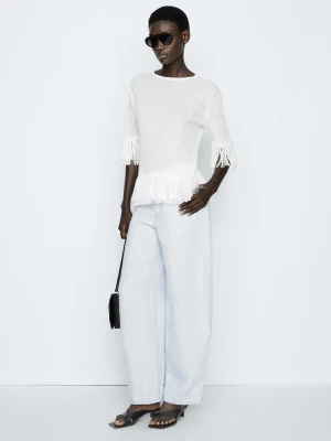 Dzianinowy Sweter Z Frędzlami - Studio - Biały - Massimo Dutti - Female