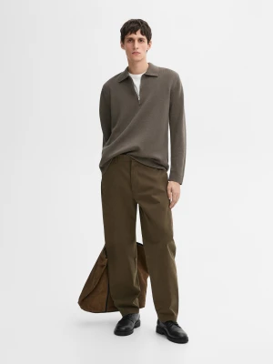 Dzianinowy Sweter Z Kołnierzykiem Polo Na Suwak - Sprane Khaki - - Massimo Dutti - Mężczyzna