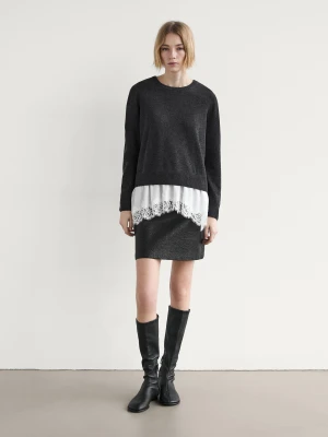 Dzianinowy Sweter Z Koronkowym Wykończeniem U Dołu - Ciemnoszary - - Massimo Dutti - Kobieta