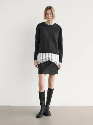 Dzianinowy Sweter Z Koronkowym Wykończeniem U Dołu - Ciemnoszary - - Massimo Dutti - Kobieta