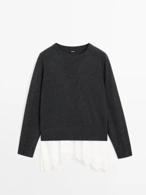 Dzianinowy Sweter Z Koronkowym Wykończeniem U Dołu - Ciemnoszary - - Massimo Dutti - Kobieta