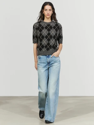 Dzianinowy Sweter Z Krótkim Rękawem, Wzór W Romby, Z Kaszmirem - Szary - - Massimo Dutti - Female