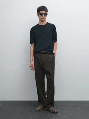 Dzianinowy Sweter Z Krótkim Rękawem Ze 100% Bawełny - Granatowy - - Massimo Dutti - Mężczyzna