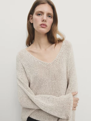 Dzianinowy Sweter Z Lnianej Mieszanki - Beżowy - - Massimo Dutti - Kobieta