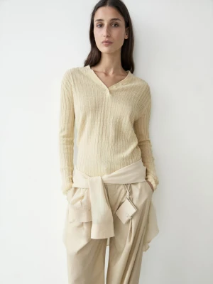 Dzianinowy Sweter Z Lnu Z Guzikami - Waniliowy - - Massimo Dutti - Kobieta