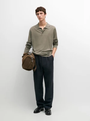 Zdjęcie produktu Dzianinowy Sweter Ze 100% Lnu Z Kołnierzykiem Polo - Jansy Khaki - - Massimo Dutti - Mężczyzna