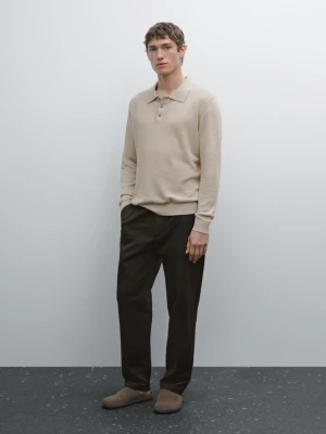 Dzianinowy Sweter Z Lnu Z Kołnierzykiem Polo - Popielaty - - Massimo Dutti - Mężczyzna