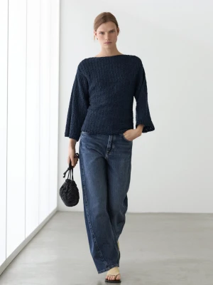 Sweter Dzianinowy Ze Strukturalnej Mieszanki Bawełny - Granatowy - - Massimo Dutti - Kobieta