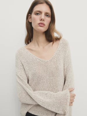 Dzianinowy Sweter Z Mieszanki Bawełny - Beżowy - - Massimo Dutti - Kobieta