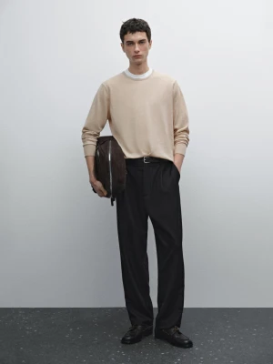 Dzianinowy Sweter Z Mieszanki Bawełny - Beżowy - - Massimo Dutti - Mężczyzna