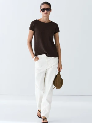 Dzianinowy Sweter Z Mieszanki Bawełny Z Krótkim Rękawem - Czekoladowy - Massimo Dutti - Female