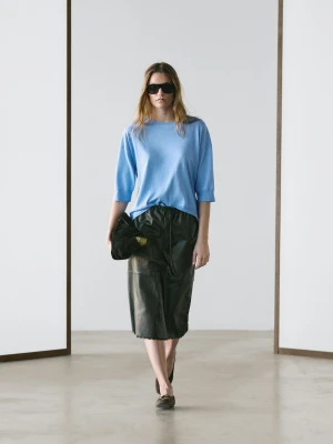 Dzianinowy Sweter Z Mieszanki Bawełny Z Krótkim Rękawem - Niebieski - - Massimo Dutti - Kobieta