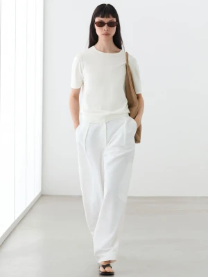 Dzianinowy Sweter Z Mieszanki Bawełny Z Krótkim Rękawem - Surowy - Massimo Dutti - Female