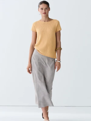 Dzianinowy Sweter Z Mieszanki Bawełny Z Krótkim Rękawem - Żółty Kukurydziany - Massimo Dutti - Female