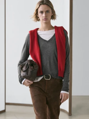 Dzianinowy Sweter Z Mieszanki Jedwabiu I Wełny - Szary Średni - - Massimo Dutti - Kobieta