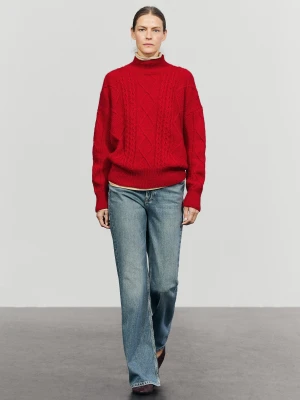 Dzianinowy Sweter Z Mieszanki Wełny O Splocie Warkoczowym - Czerwony - Massimo Dutti - Female