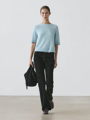 Dzianinowy Sweter Z Mieszanki Wełny Z Alpaki Z Krótkim Rękawem - Błękitny - - Massimo Dutti - Kobieta