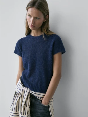 Dzianinowy Sweter Z Mieszanki Wełny Z Alpaki Z Krótkim Rękawem - Ciemnoniebieski - - Massimo Dutti - Kobieta