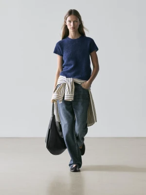 Dzianinowy Sweter Z Mieszanki Wełny Z Alpaki Z Krótkim Rękawem - Ciemnoniebieski - - Massimo Dutti - Kobieta