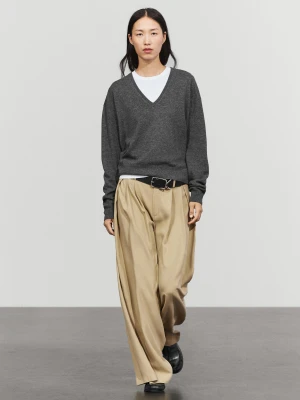 Dzianinowy Sweter Z Mieszanki Wełny Z Dekoltem W Serek - Szary Średni - Massimo Dutti - Female