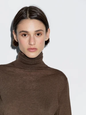 Dzianinowy Sweter Z Mieszanki Wełny Z Golfem - Brązowy - - Massimo Dutti - Kobieta