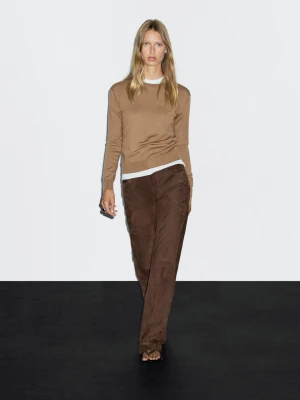 Dzianinowy Sweter Z Mieszanki Wełny Z Okrągłym Dekoltem - Karmelowy - - Massimo Dutti - Kobieta