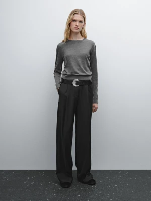 Dzianinowy Sweter Z Mieszanki Wełny Z Okrągłym Dekoltem - Szary Średni - - Massimo Dutti - Kobieta