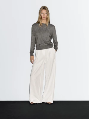 Dzianinowy Sweter Z Mieszanki Wełny Z Okrągłym Dekoltem - Szary Średni - - Massimo Dutti - Kobieta