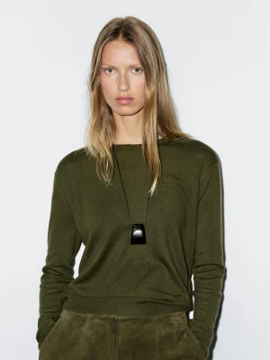 Dzianinowy Sweter Z Mieszanki Wełny Z Okrągłym Dekoltem - Zielony Butelkowy - - Massimo Dutti - Kobieta