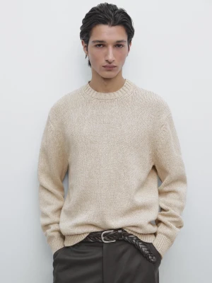 Dzianinowy Sweter Z Okrągłym Dekoltem Z Mieszanki Bawełny - Beżowy - - Massimo Dutti - Mężczyzna