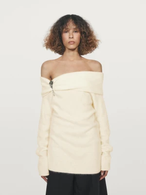 Dzianinowy Sweter Z Wełny I Kaszmiru Z Odkrytymi Ramionami - Biały Złamany - - Massimo Dutti - Kobieta