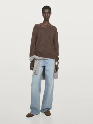 Dzianinowy Sweter Ze 100% Kaszmiru Z Dekoltem W Serek - Brązowy - - Massimo Dutti - Kobieta