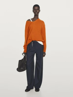 Dzianinowy Sweter Ze 100% Kaszmiru Z Dekoltem W Serek - Pomarańczowy - - Massimo Dutti - Kobieta
