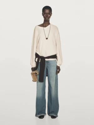Dzianinowy Sweter Ze 100% Kaszmiru Z Dekoltem W Serek - Surowy - - Massimo Dutti - Kobieta